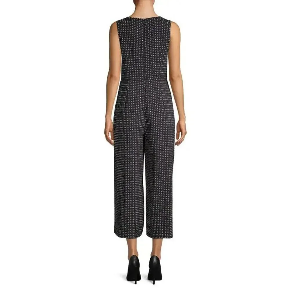 Karl Lagerfeld Paris Black White Polka Dot Hearts Crop Wide Leg Jumpsuit Size 2‎